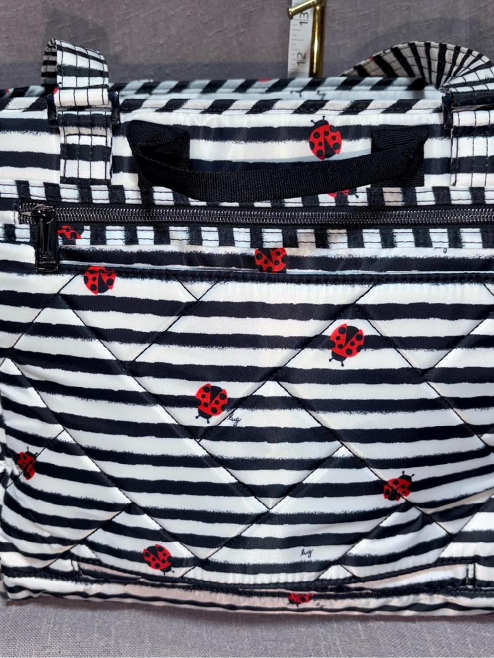 Lug Black & White Striped Tote Bag with Red Ladybug Accents - Picture 4 of 9